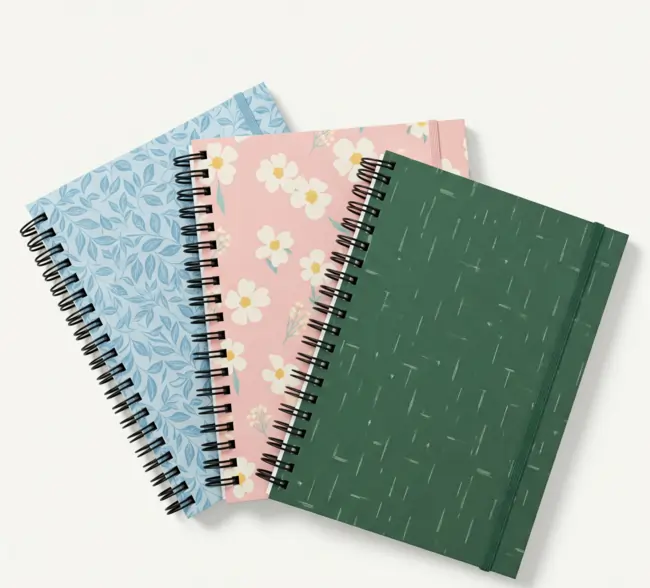 Set of spiral bound custom notebooks with floral and patterned covers, showcasing the Power of Custom Notebooks for creativity and branding.