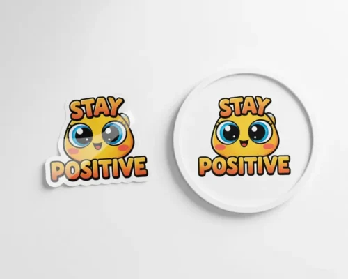 Glossy die-cut sticker mockup with custom design and separate digital print file shown in a circle, Print-On-Demand Products.