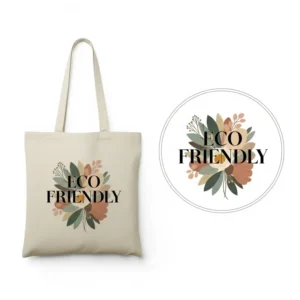 Beige cotton tote bag with custom printed design and separate digital print file displayed in a circle, Print-On-Demand Products.