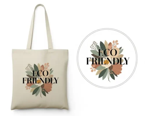 Beige cotton tote bag with custom printed design and separate digital print file displayed in a circle, Print-On-Demand Products.