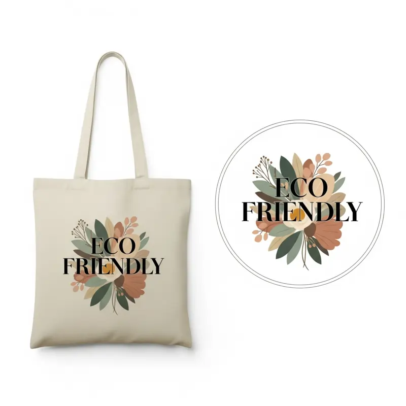 Beige cotton tote bag with custom printed design and separate digital print file displayed in a circle, Print-On-Demand Products.