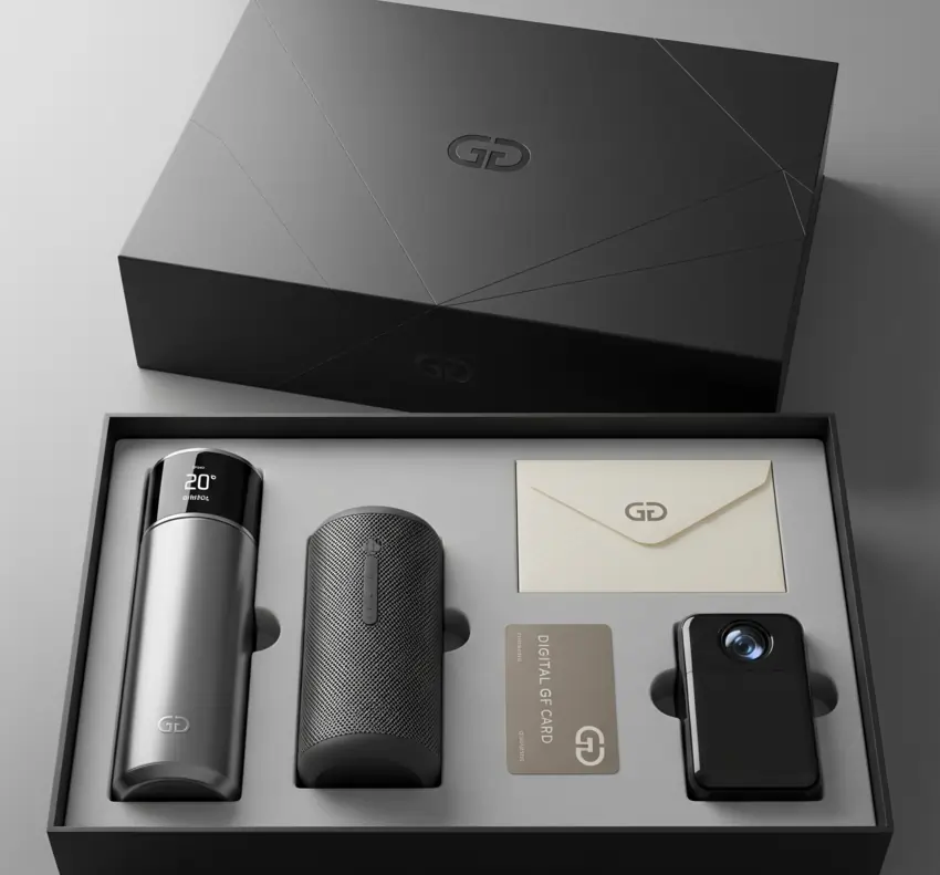 Best Corporate Gifting Ideas – premium gift set with smart temperature bottle, wireless speaker, digital gift card, projector, and branded envelope in elegant black box.