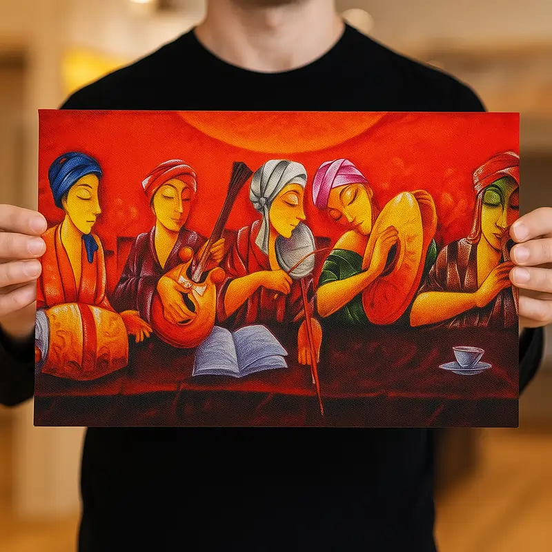 Premium canvas poster printing with textured fabric finish, showcasing a colorful painting of five musicians playing instruments, held in both hands.