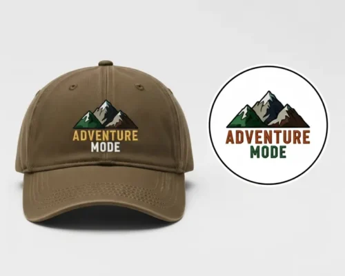 Cap with custom embroidered design and separate digital print file shown in a circle, Print-On-Demand Products.