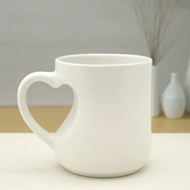 White ceramic custom mug with heart-shaped handle.