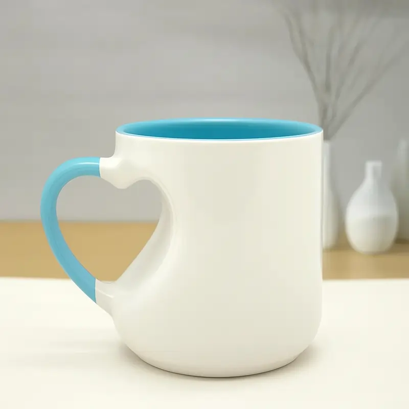 Light blue ceramic custom mug with heart-shaped handle.