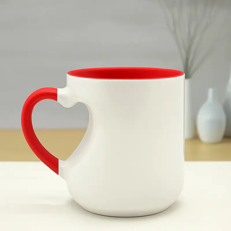 Red ceramic custom mug with heart-shaped handle.