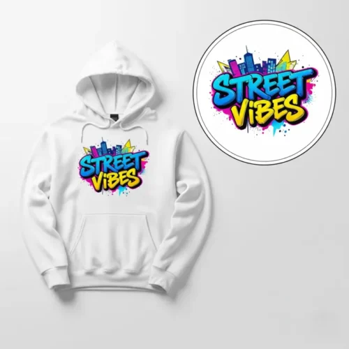 Hoodie with custom printed design and separate digital print file displayed in a circle, Print-On-Demand Products.