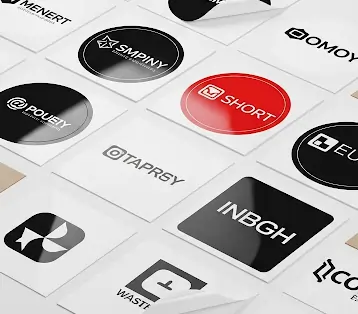 Custom Packaging Stickers with different logo designs in black, white, and red for professional branding.