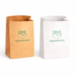 Two Small Paper Pouch grocery bags, one brown and one white, side-by-side. Both feature a green logo of a produce box with the text "FRESHPACK" below.