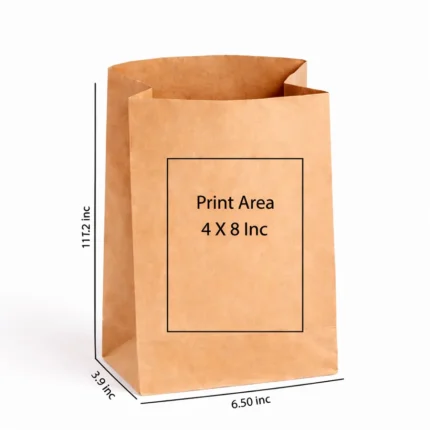 Brown Small Paper Pouch with dimensions: 11.2" height, 6.50" width, and 3.9" depth. A central box indicates a 4 x 8 inch "Print Area."