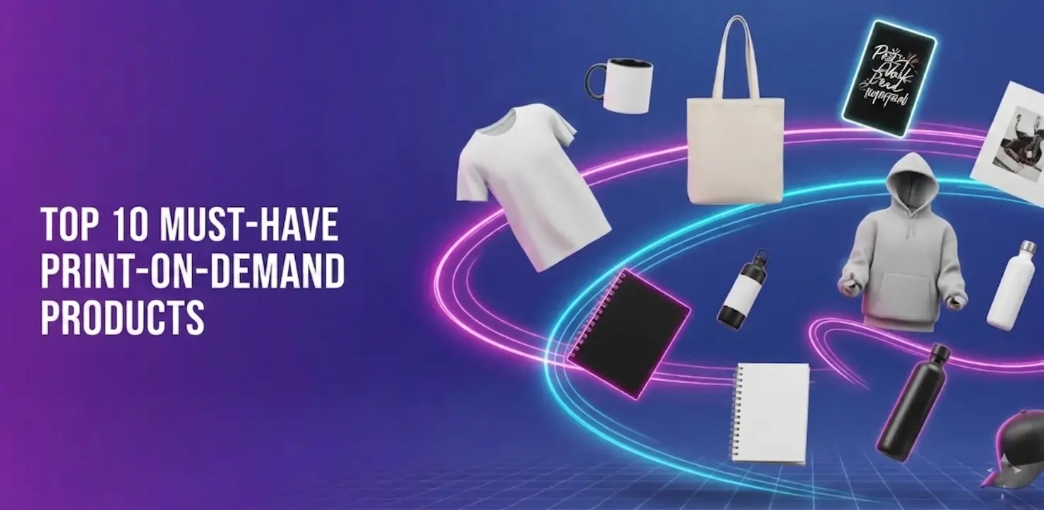 Floating mockup of a white t-shirt, tote, and hoodie on a purple background with neon swirls and "Top 10 Print-on-demand Products" text.