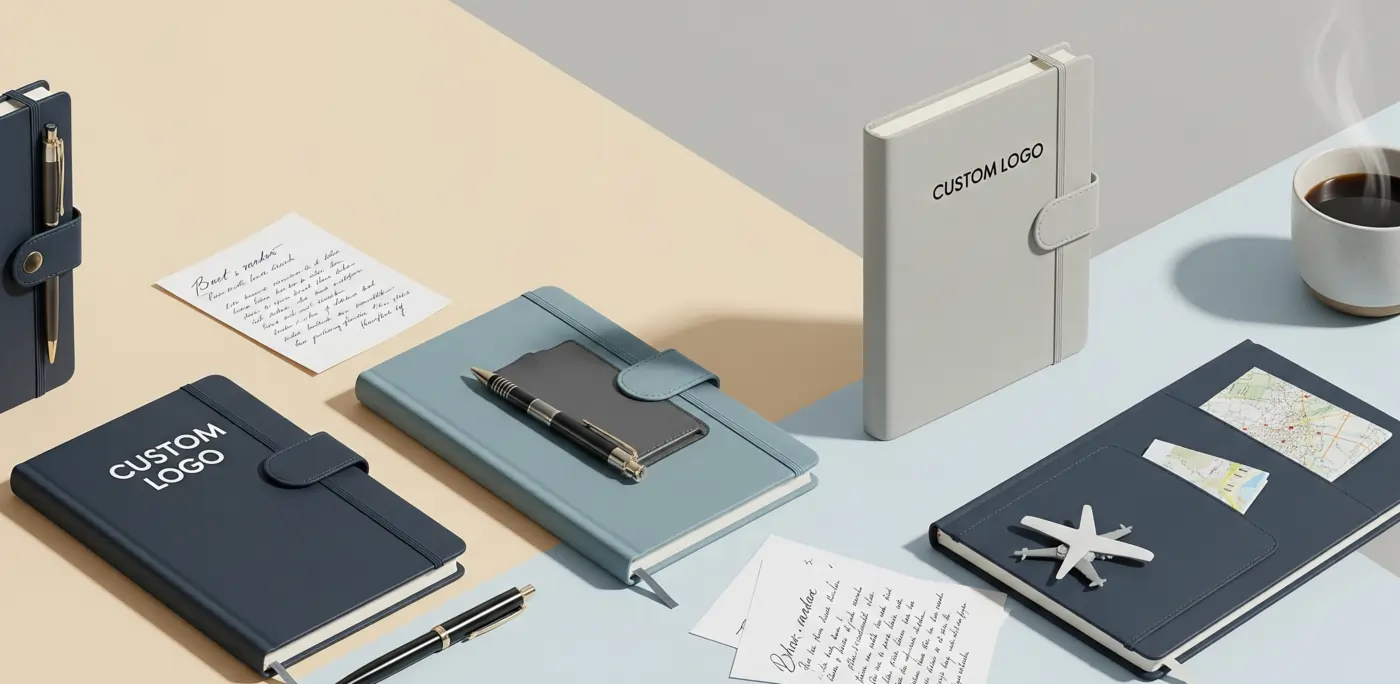 A visually appealing banner showcasing custom diaries with features like logo printing, pen holders, magnetic locks, and travel pockets, arranged on a soft pastel background with minimal stationery elements.