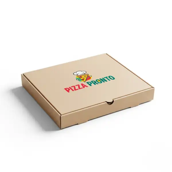 A closed, brown cardboard pizza box with a logo on the lid, featuring a slice of pizza wearing a chef's hat, is perfect for Packaging Boxes Printing.