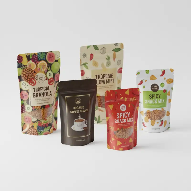 A group of five diverse stand-up pouches and flexible packaging. Designs include tropical granola, coffee beans, and savory snack mixes.