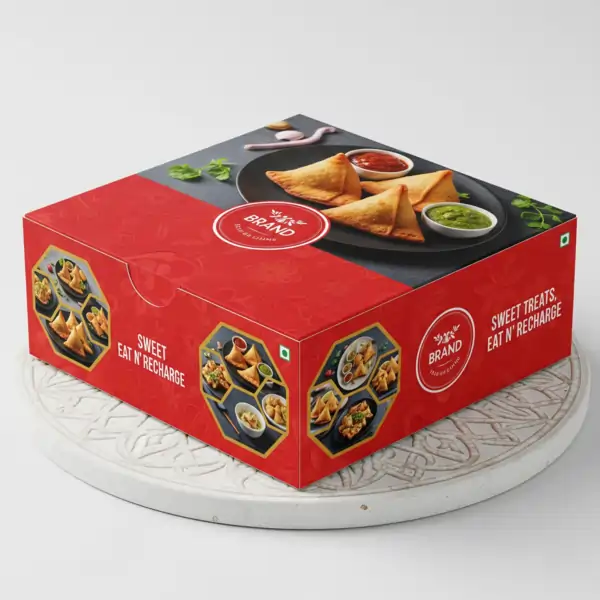 A vibrant red box for samosas, featuring a photo of samosas and snacks with the text 'Sweet Eat N' Recharge,' is perfect for Packaging Boxes Printing