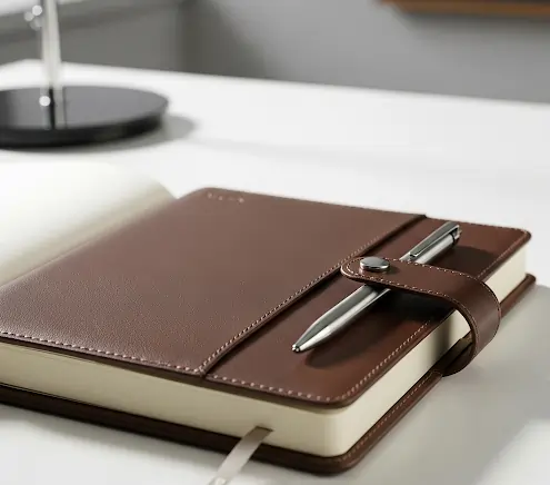 Brown leather diary with a silver pen placed on top, resting on a desk.