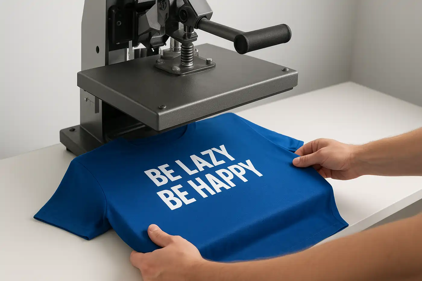 A person's hands are placing a bright blue T-shirt with the white text "BE LAZY BE HAPPY" onto a heat press machine, preparing it for personalized T-shirt printing