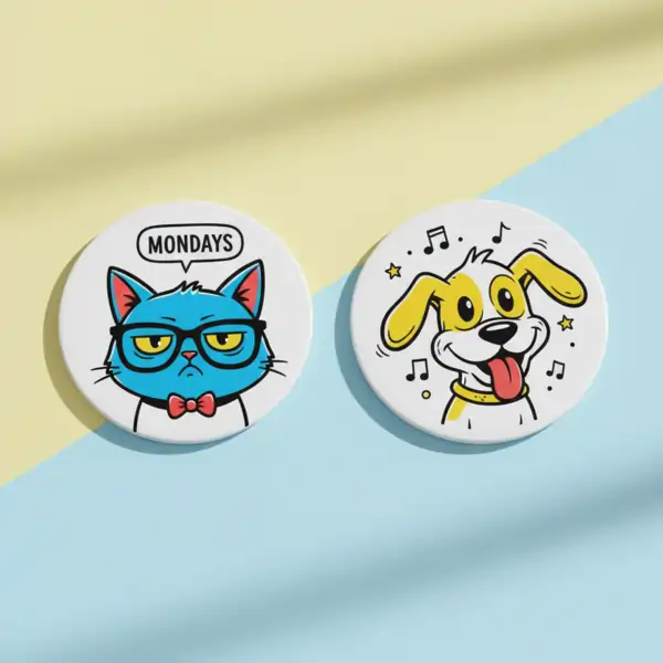 Quirky coasters with a grumpy cat and a happy dog.