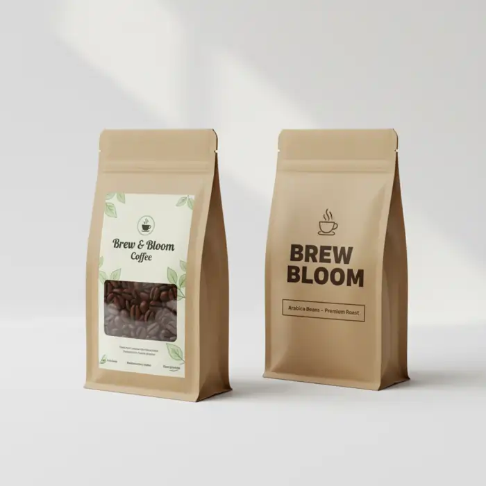 Two kraft paper stand-up pouches for Brew & Bloom Coffee. One has a clear window showing coffee beans; both feature a cup logo.