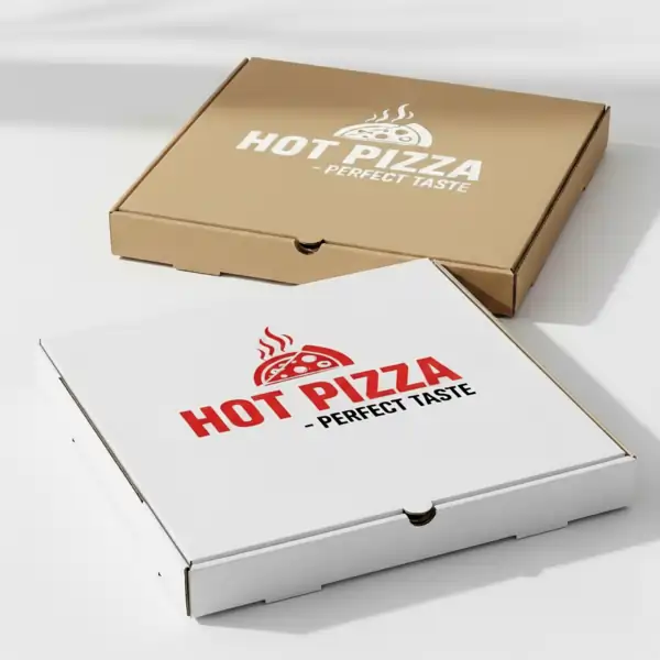 Two pizza boxes shown at a slight angle, one white in front and one brown behind, both featuring 'HOT PIZZA,' are ideal for Packaging Boxes Printing