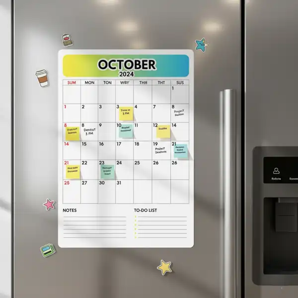 A vibrant magnetic calendar for October 2024 on a stainless steel fridge. Features organizational tools and personal reminders, including a to-do list, and notes for appointments and deadlines