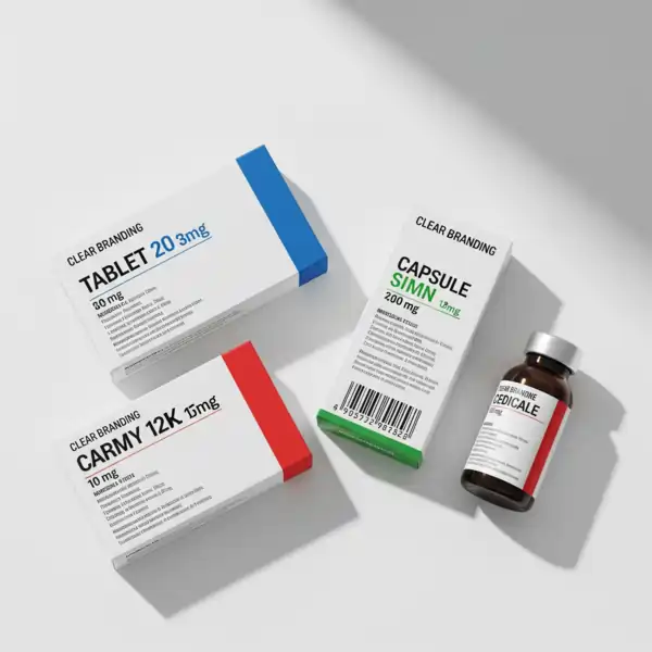 A collection of various branded boxes, including brown cardboard, white, and brightly colored ones, for different products. A group of four vertical supplement boxes with colorful, distinct designs and text like "Claniq" and "VitalBoost." Two elegant, sliding gift boxes. One is black with a gold logo and marble pattern, and the other is light blue with a watercolor design. A variety of medicine packaging, including three white and colored boxes for tablets and capsules, and a small amber-colored bottle.