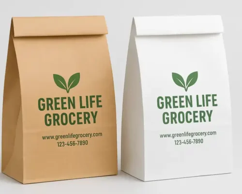 Kraft and white paper pouches with green printing for GREEN LIFE GROCERY, including a leaf logo, website, and phone number