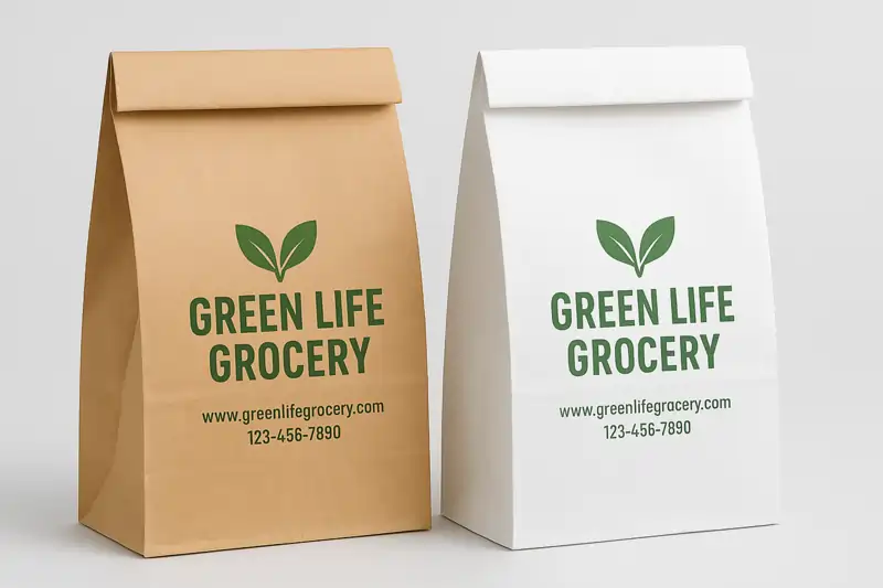 Kraft and white paper pouches with green printing for GREEN LIFE GROCERY, including a leaf logo, website, and phone number