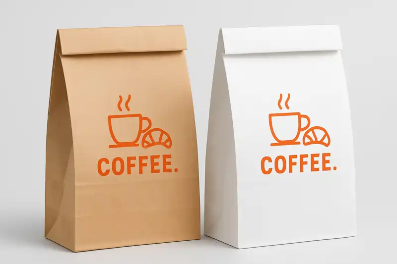 Kraft and white paper pouch printing coffee bags with an orange logo (steaming cup/croissant) and "COFFEE." text.