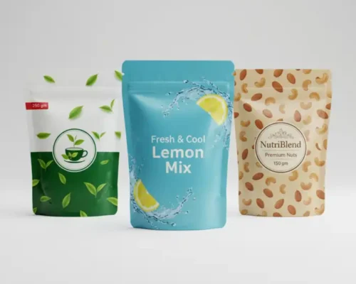 Three diverse stand-up pouches (tea, lemon mix, nuts) showing different flexible packaging and paper pouch printing designs.