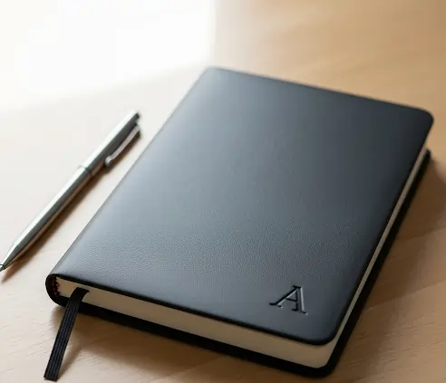 A5 black leather diary with a silver pen on a wooden desk, highlighting the benefits of using diaries for daily writing and organization.
