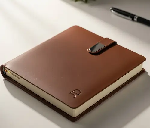 Elegant brown leather diary with a clasp on a desk, reflecting the benefits of using diaries for organization and planning.