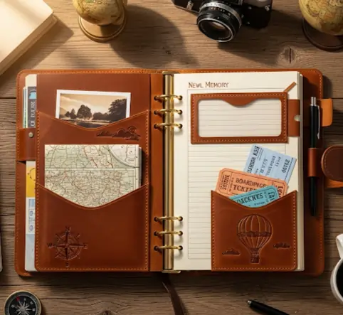 Open travel diary with maps, tickets, and notes inside a leather cover, showing the benefits of using diaries for recording memories and planning trips.