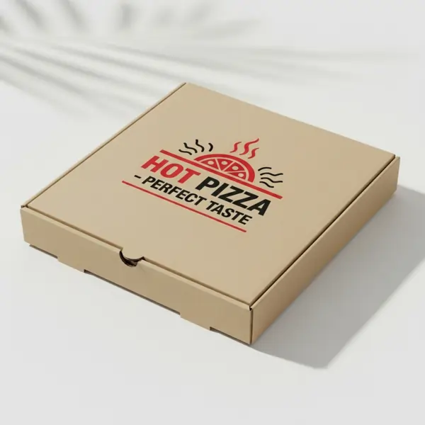 A brown cardboard pizza box on a white surface, featuring a logo with a stylized pizza and the words 'HOT PIZZA - PERFECT TASTE,' is perfect for Packaging Boxes Printing