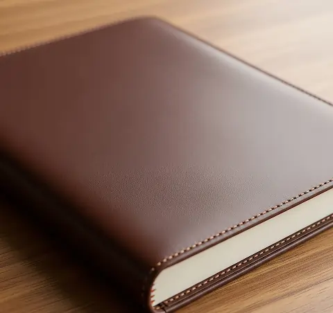 Closed brown leather diary placed on a wooden table.