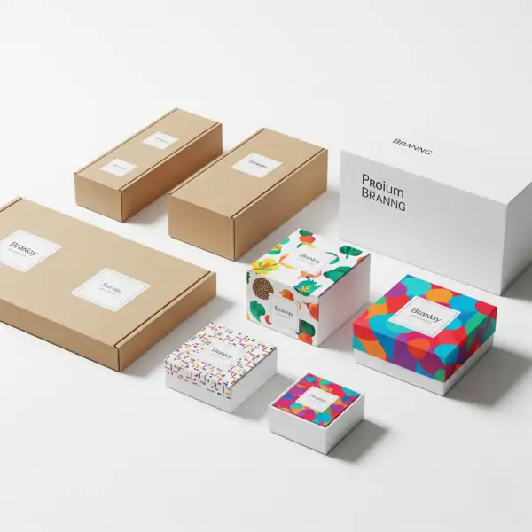A collection of various branded boxes, including brown cardboard, white, and brightly colored ones, for different products.