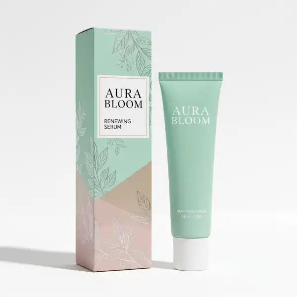A pale mint-green skincare box with silver leaf illustrations, placed next to a matching 'Aura Bloom' Renewing Serum tube, is perfect for Packaging Boxes Printing