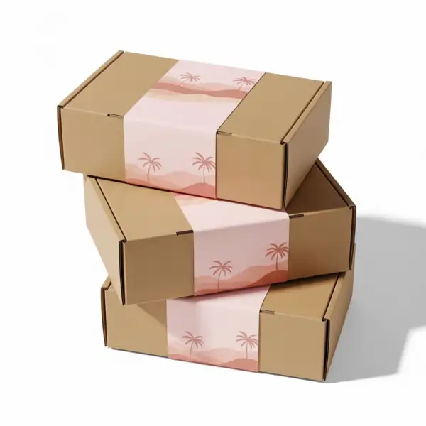 A stack of three identical brown cardboard boxes, each wrapped with a paper sleeve featuring a sunset scene with palm trees, is ideal for Packaging Boxes Printing