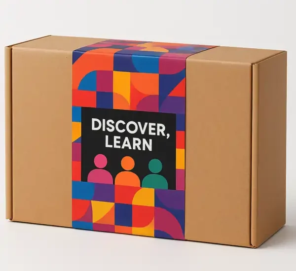 A brown box with a colorful geometric wrap and a black label reading 'DISCOVER, LEARN,' featuring three colored person silhouettes, is perfect for Packaging Boxes Printing.