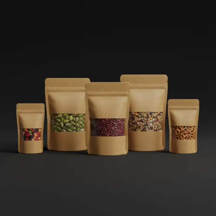 Five various-sized kraft paper stand-up pouches with clear windows, showcasing contents like nuts, beans, seeds, and pretzels.