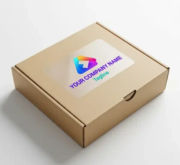 A plain, square, brown cardboard box with a translucent label on the lid, featuring a colorful company logo and text, is ideal for Packaging Boxes Printing.