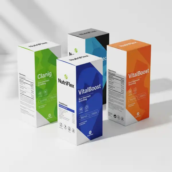 A group of four vertical supplement boxes with colorful, distinct designs and text like "Claniq" and "VitalBoost