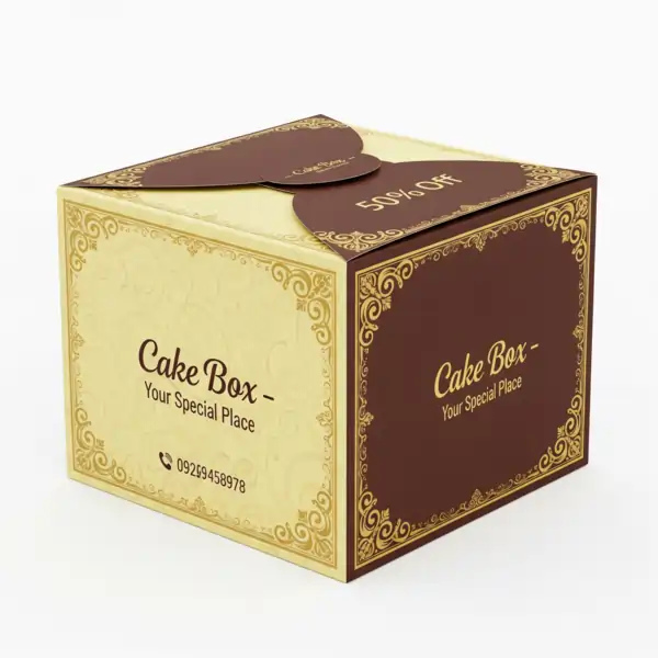 A closed cake box with an ornate, elegant cream and brown design, featuring 'Cake Box - Your Special Place' on two sides, is ideal for Packaging Boxes Printing