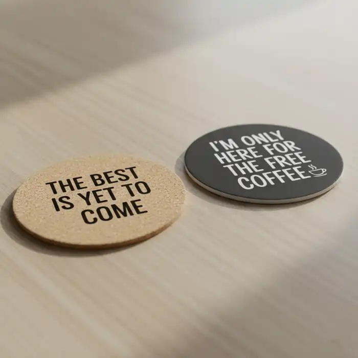 Two round coasters on wood. One is cork with "THE BEST IS YET TO COME." The other is gray with "I'M ONLY HERE FOR THE FREE COFFEE.