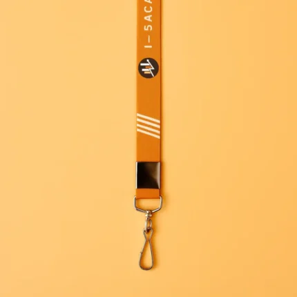Custom orange satin lanyard with metal hook and clip