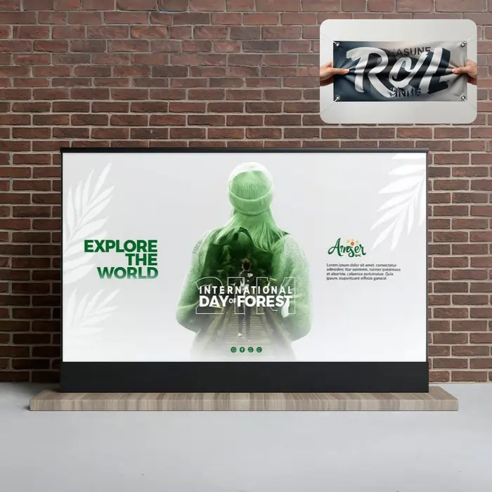 Non-tearable indoor banner, green forest theme, “Explore the World,” backpacker, high-quality and durable.
