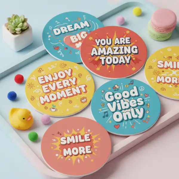 Colorful round paper coasters with playful typography and motivational quotes on a pastel tray, fun and vibrant style.