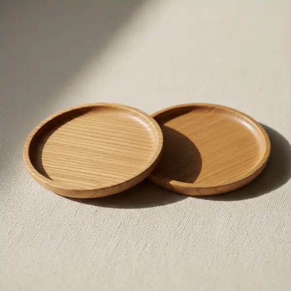 Two round, polished wooden coasters with a visible grain texture and a slight lip, placed on a light-colored, textured fabric surface with soft shadows.