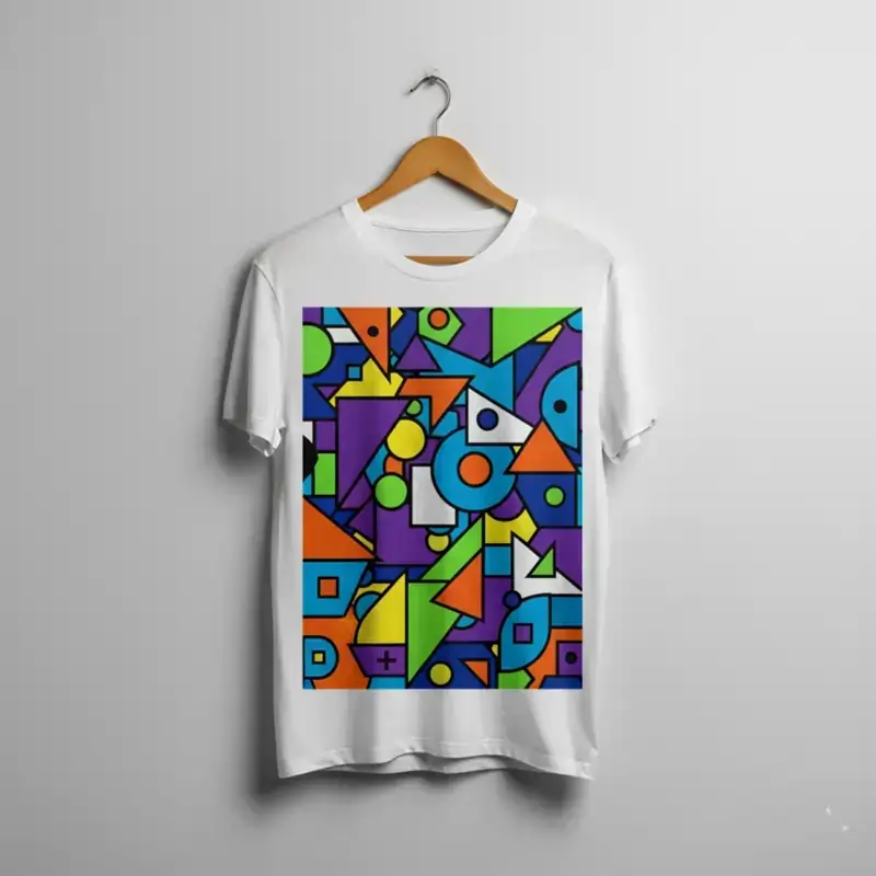 A white T-shirt with a vibrant, all-over abstract geometric pattern in neon colors like purple, orange, green, and blue. Best T-shirt Design Ideas.